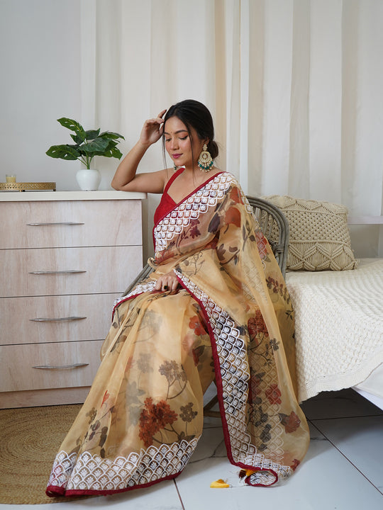 Brown Organza Saree With Blouse Piece