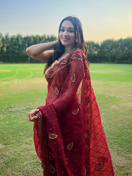 Maroon Organza Saree With Blouse Piece