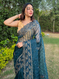 Blue Organza Saree With Blouse Piece