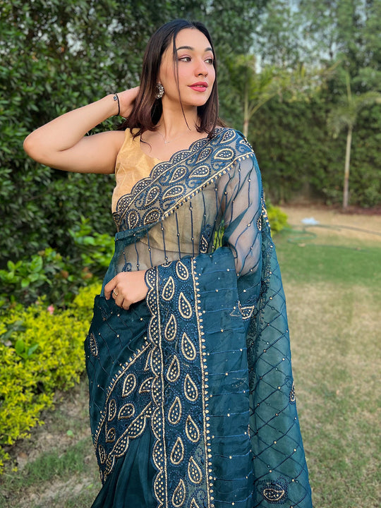 Blue Organza Saree With Blouse Piece