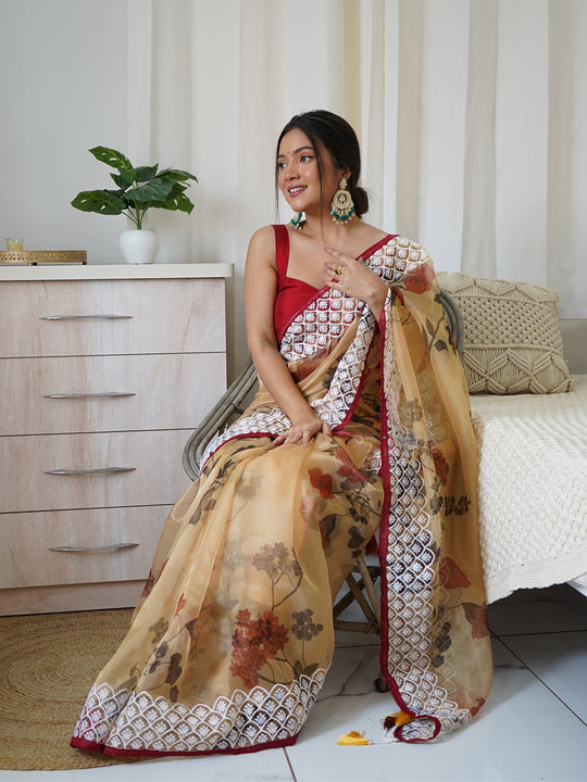 Brown Organza Saree With Blouse Piece