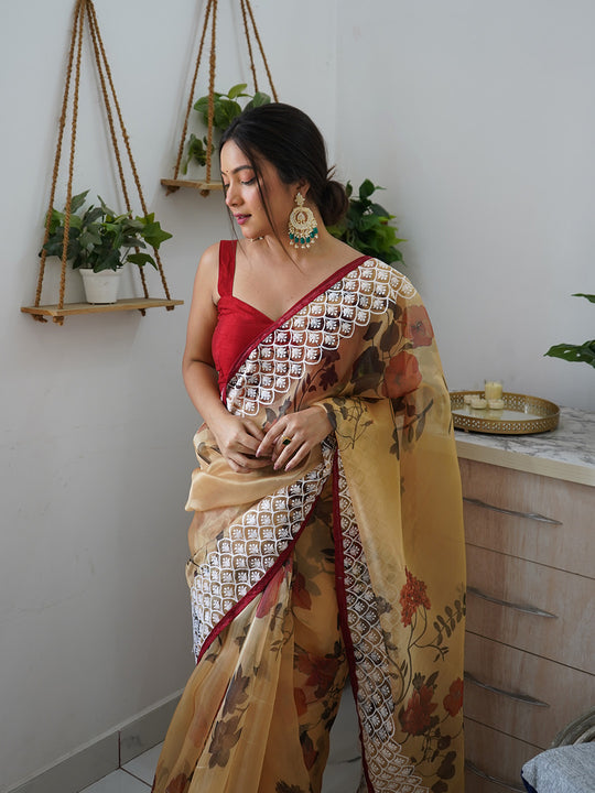 Brown Organza Saree With Blouse Piece