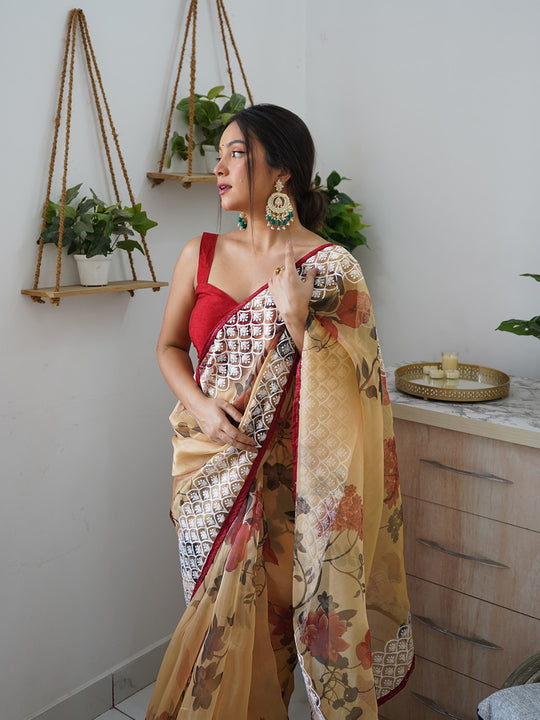 Brown Organza Saree With Blouse Piece