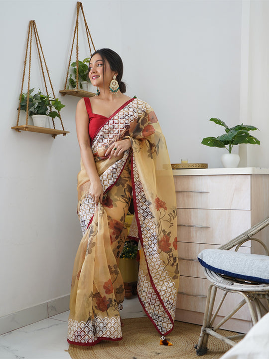 Brown Organza Saree With Blouse Piece