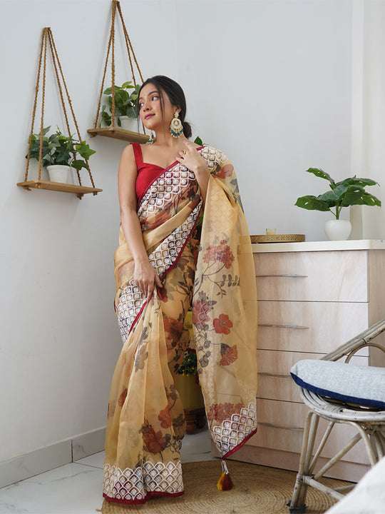 Brown Organza Saree With Blouse Piece