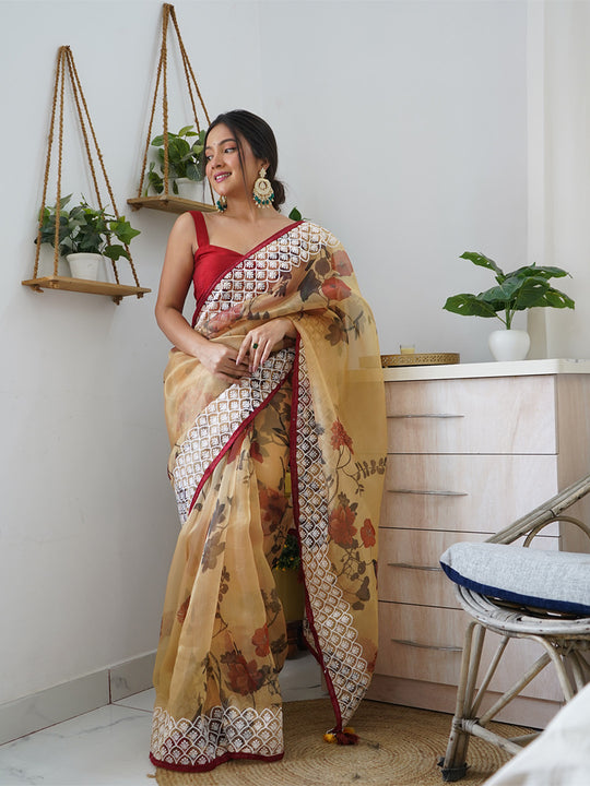 Brown Organza Saree With Blouse Piece