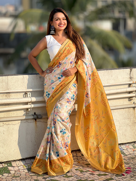 Beige Banarasi Silk Blend Saree With Blouse Piece