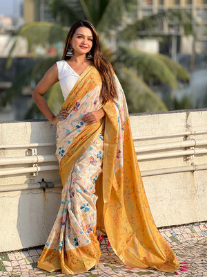 Beige Banarasi Silk Blend Saree With Blouse Piece