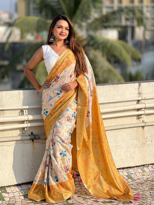 Beige Banarasi Silk Blend Saree With Blouse Piece