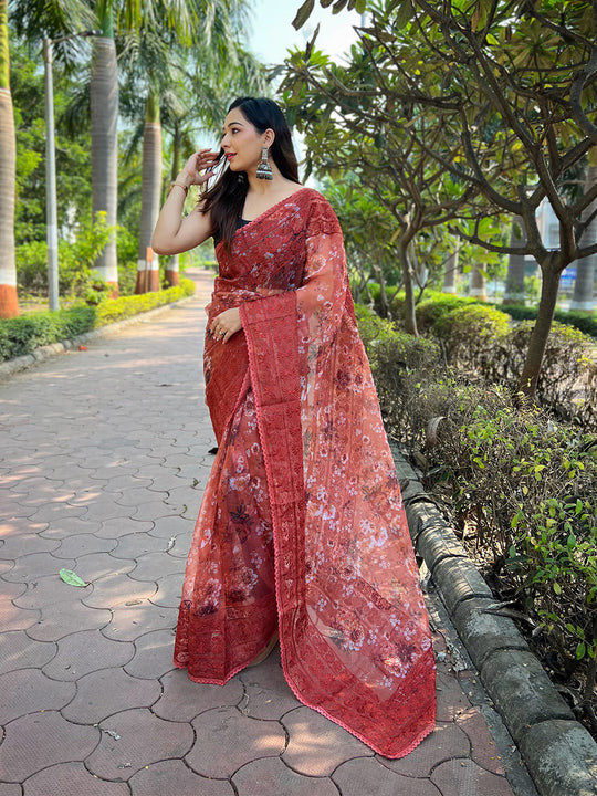 Peach Organza Saree With Blouse Piece