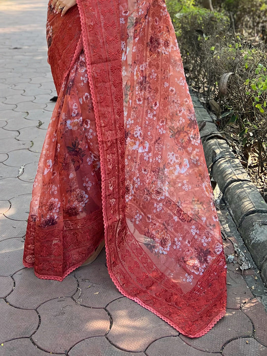 Peach Organza Saree With Blouse Piece