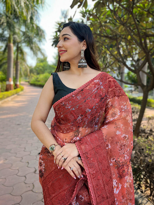 Peach Organza Saree With Blouse Piece