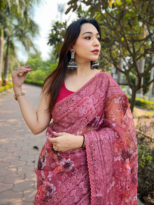 Pink Organza Saree With Blouse Piece