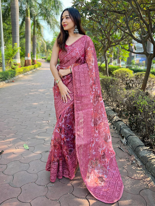 Pink Organza Saree With Blouse Piece