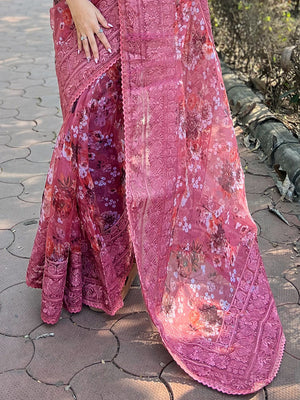 Pink Organza Saree With Blouse Piece