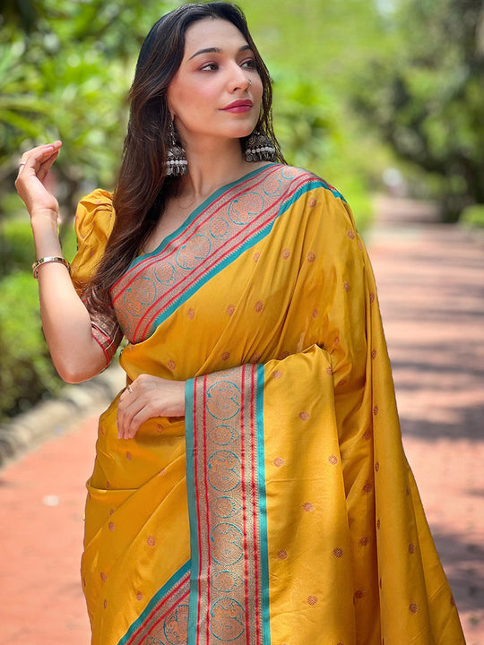 Yellow Paithani Silk Saree With Blouse Piece