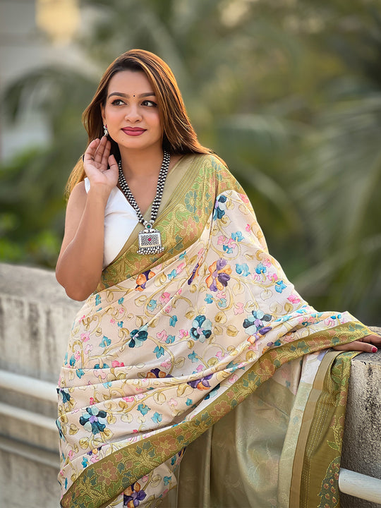 Green Banarasi Silk Blend Saree With Blouse Piece