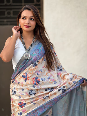 Grey Banarasi Silk Blend Saree With Blouse Piece