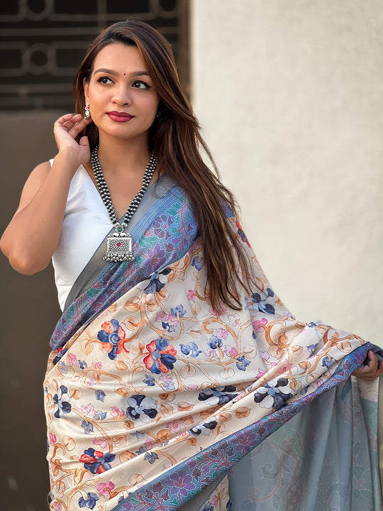 Grey Banarasi Silk Blend Saree With Blouse Piece