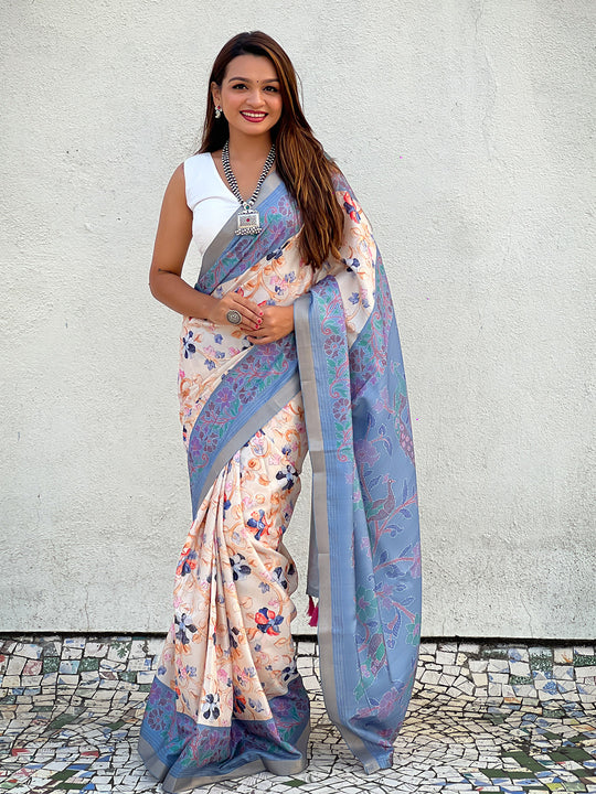 Grey Banarasi Silk Blend Saree With Blouse Piece