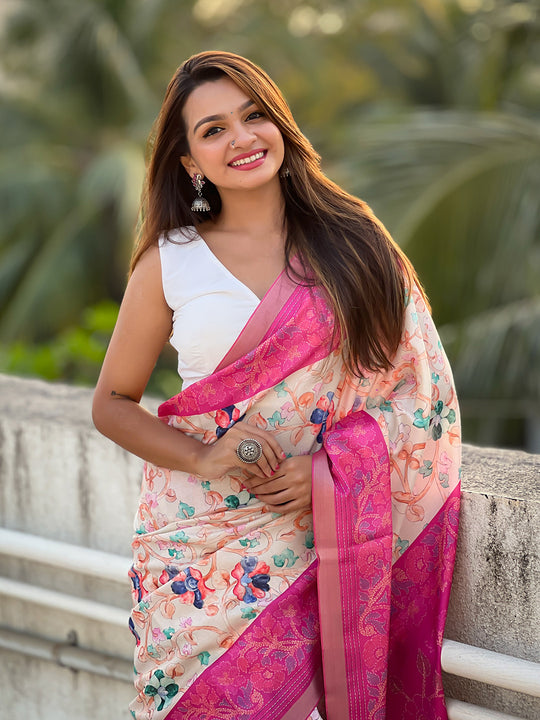 Pink Banarasi Silk Blend Saree With Blouse Piece