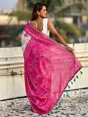 Pink Banarasi Silk Blend Saree With Blouse Piece