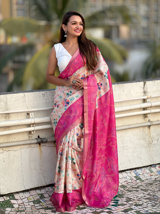 Pink Banarasi Silk Blend Saree With Blouse Piece