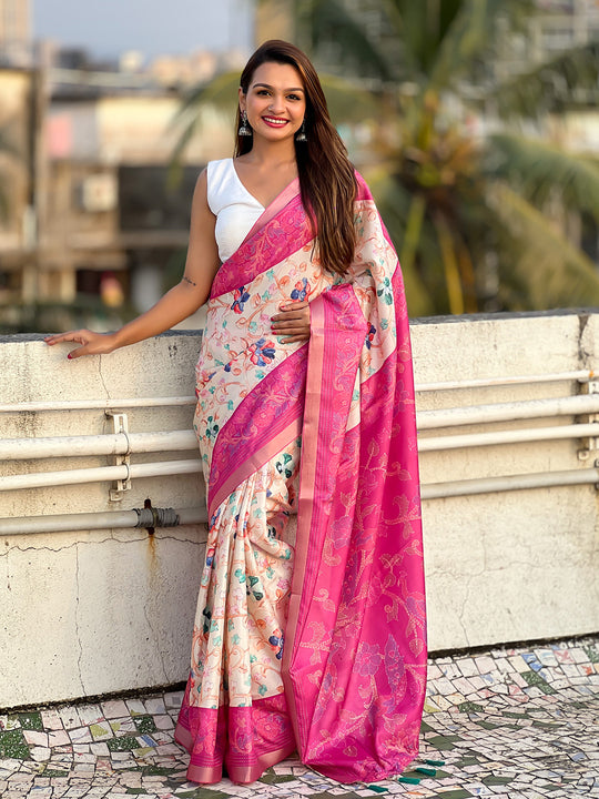 Pink Banarasi Silk Blend Saree With Blouse Piece