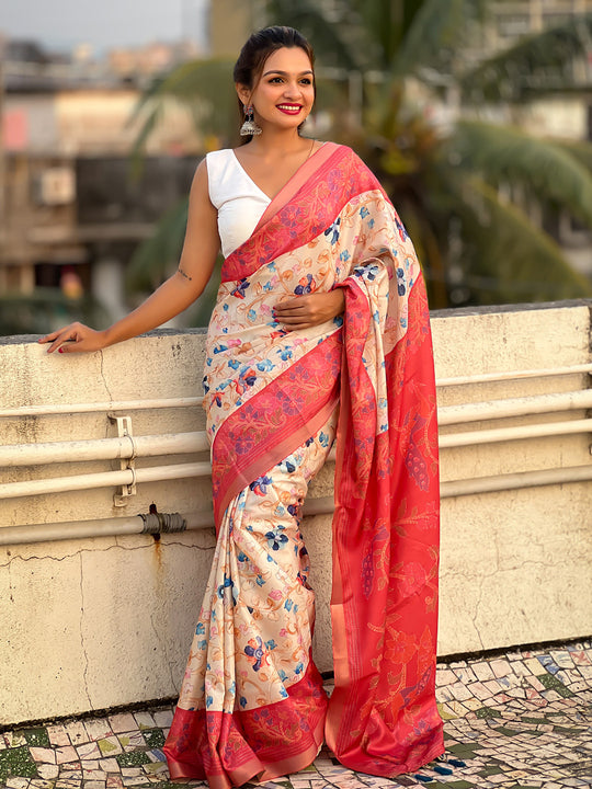Red Banarasi Silk Blend Saree With Blouse Piece