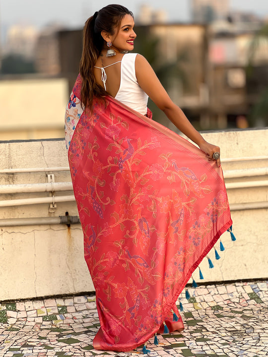 Red Banarasi Silk Blend Saree With Blouse Piece
