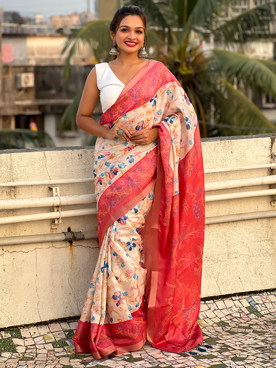Red Banarasi Silk Blend Saree With Blouse Piece