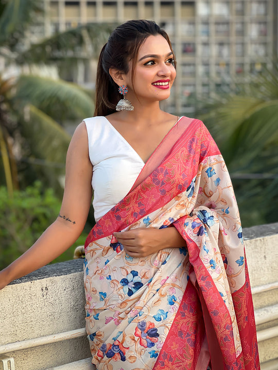 Red Banarasi Silk Blend Saree With Blouse Piece