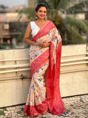 Red Banarasi Silk Blend Saree With Blouse Piece