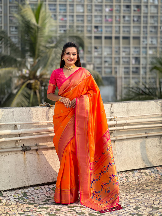 Orange Banarasi Silk Blend Saree With Blouse Piece
