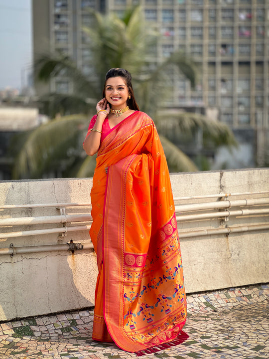 Orange Banarasi Silk Blend Saree With Blouse Piece