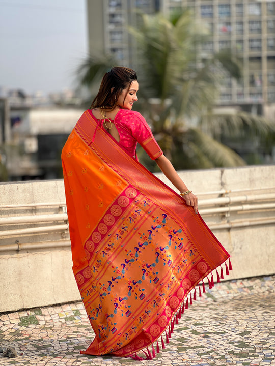 Orange Banarasi Silk Blend Saree With Blouse Piece