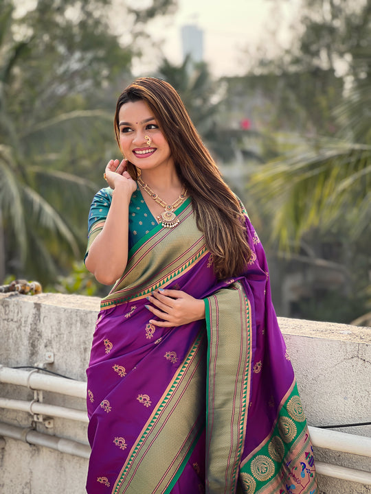 Wine Banarasi Silk Blend Saree With Blouse Piece