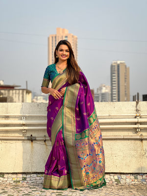 Wine Banarasi Silk Blend Saree With Blouse Piece