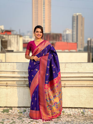 Purple Banarasi Silk Blend Saree With Blouse Piece