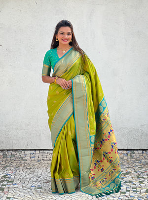 Mehandi Banarasi Silk Blend Saree With Blouse Piece