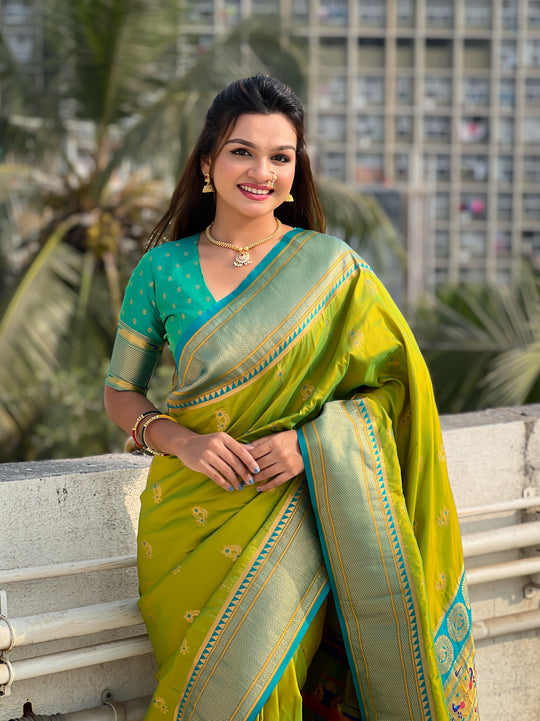 Mehandi Banarasi Silk Blend Saree With Blouse Piece