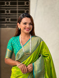 Pista Banarasi Silk Blend Saree With Blouse Piece