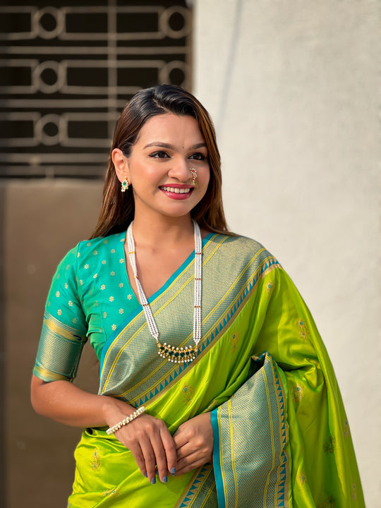 Pista Banarasi Silk Blend Saree With Blouse Piece