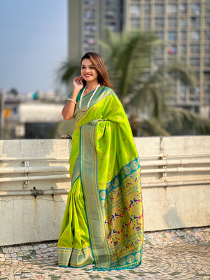 Pista Banarasi Silk Blend Saree With Blouse Piece