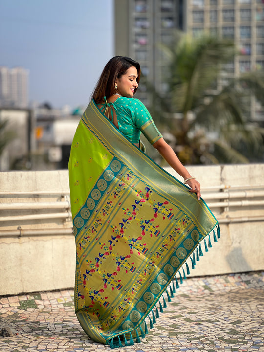 Pista Banarasi Silk Blend Saree With Blouse Piece