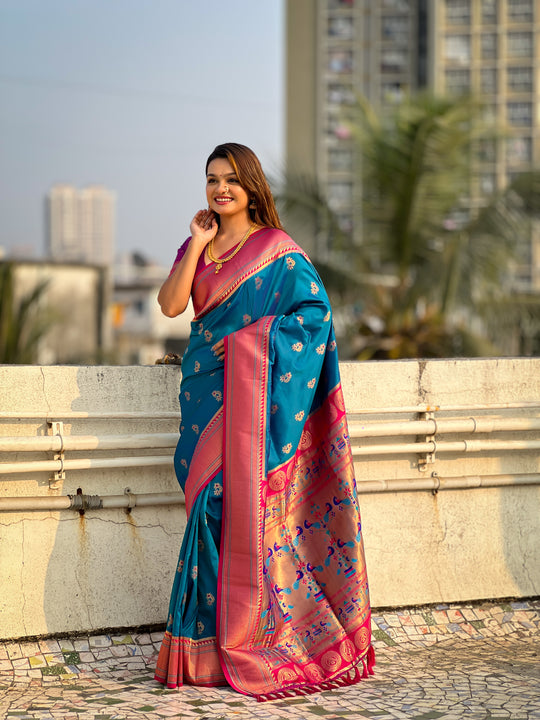 Rama Banarasi Silk Blend Saree With Blouse Piece