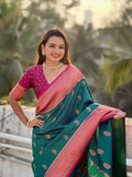Green Banarasi Silk Blend Saree With Blouse Piece