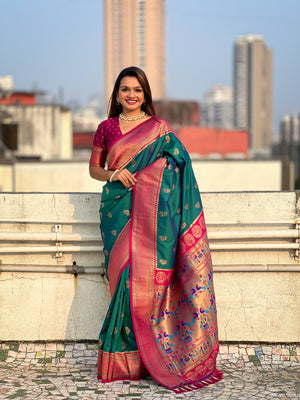 Green Banarasi Silk Blend Saree With Blouse Piece