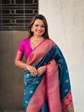 Rama Banarasi Silk Blend Saree With Blouse Piece