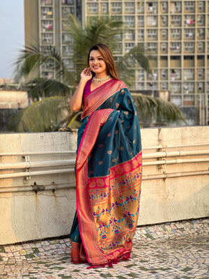 Rama Banarasi Silk Blend Saree With Blouse Piece